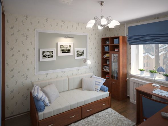 Дизайн маленькой комнаты (12 м2) с диваном.